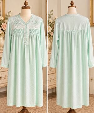 Miss Elaine Nightgown XL Mint Green Floral Embroidered Smocked Long Sleeve Lace